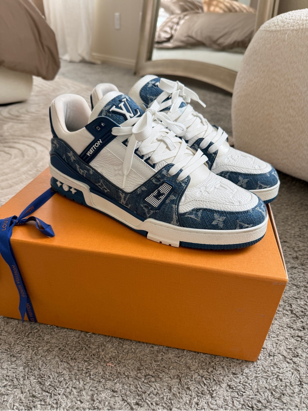 Louis Vuitton Men's Low-Top Sneakers in White and Denim Monogram